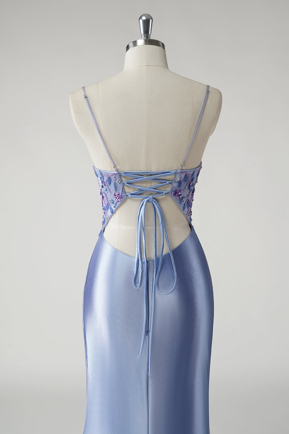 Glitzerndes blaues Meerjungfrauen Satin Blumen Ballkleid mit Schlitz