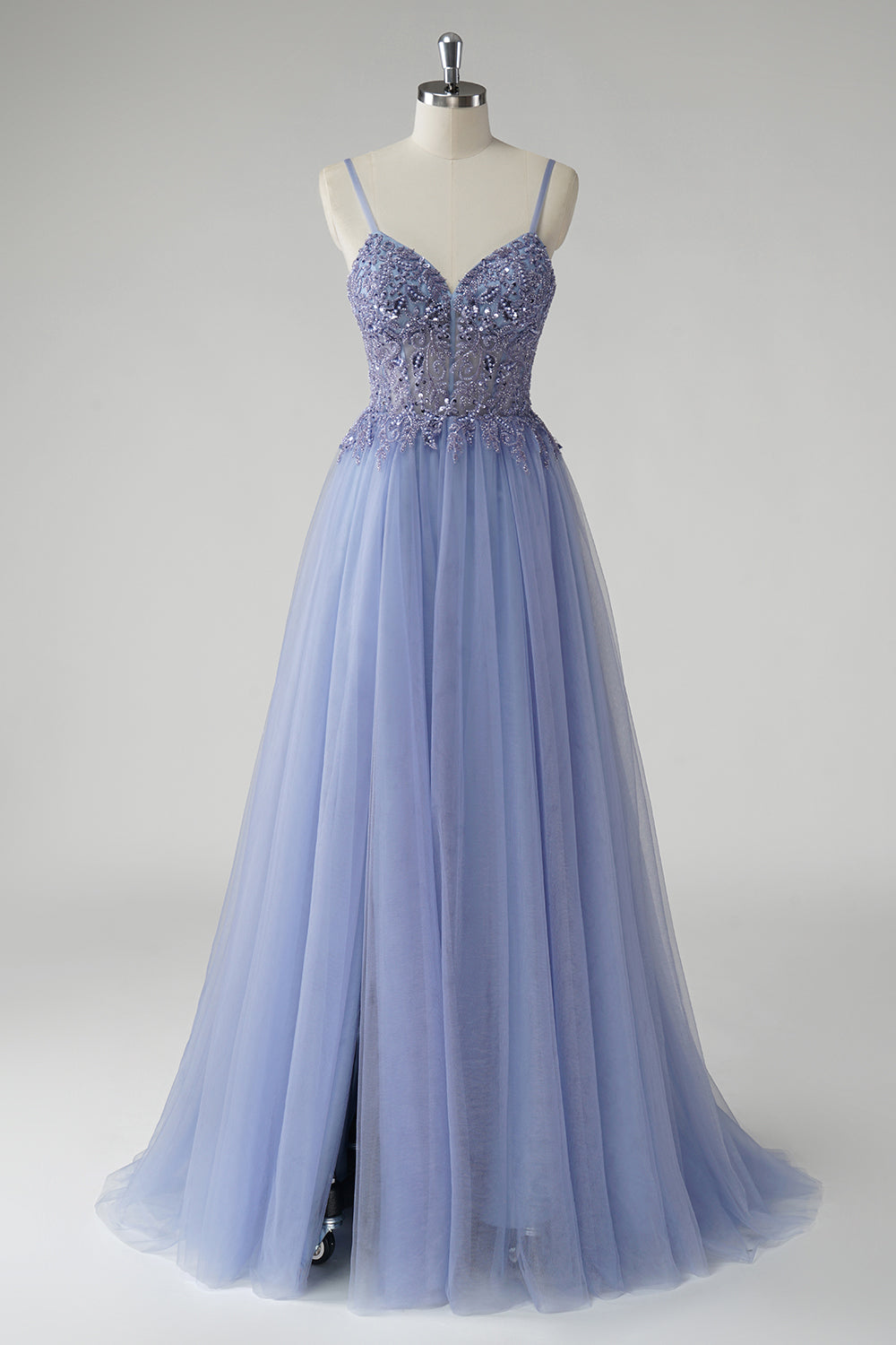 ZAPAKA Frauen Glitzerndes Graublaues A-Linie Tüll Ballkleid mit Schlitz Spaghettiträger Perlenbesetztes Abendkleid