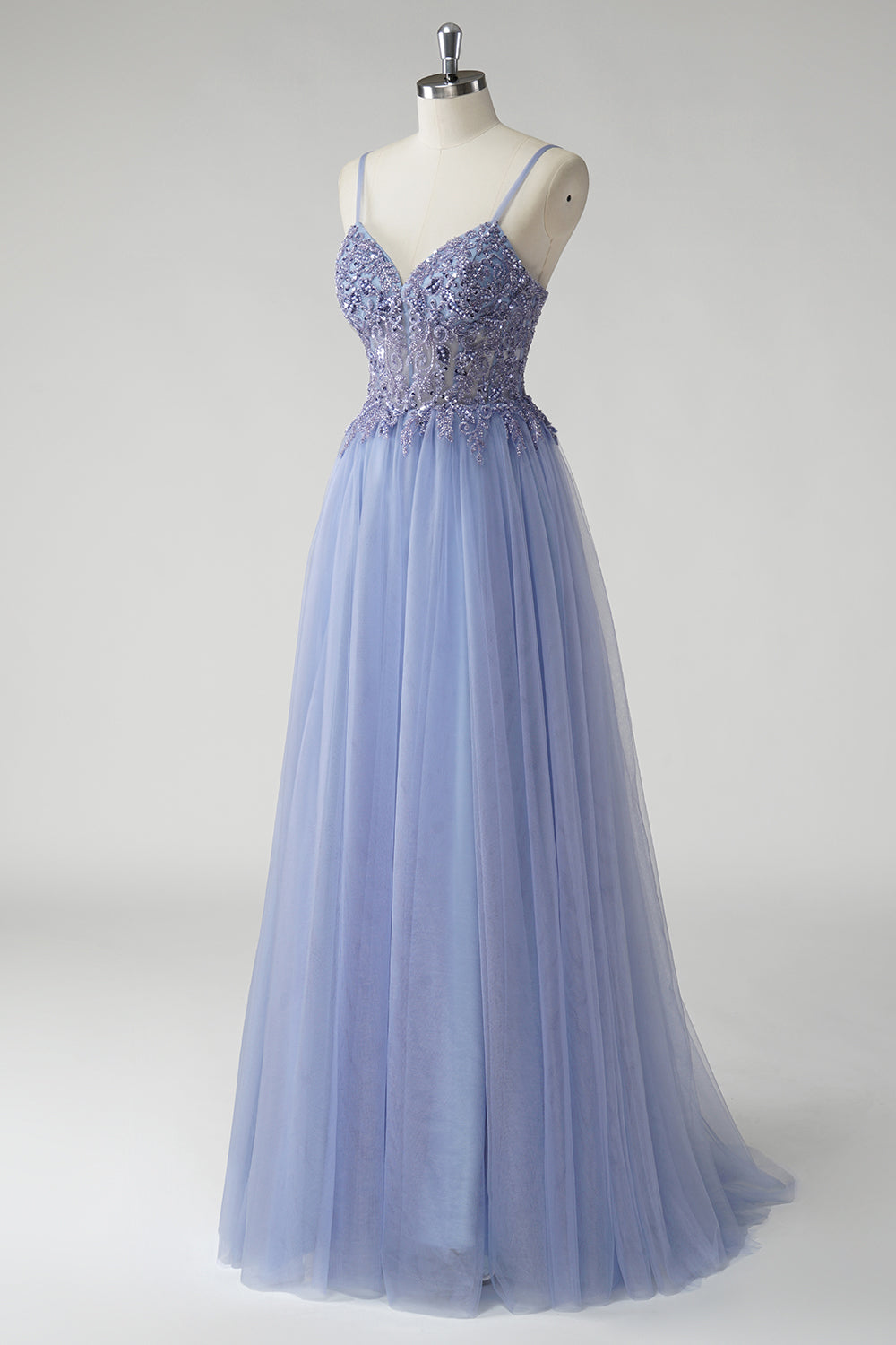 Glitzerndes Graublaues A-Linie Ballkleid aus Tüll mit Schlitz