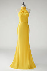 Gelbes Meerjungfrauen Neckholder Satin Langes Ballkleid