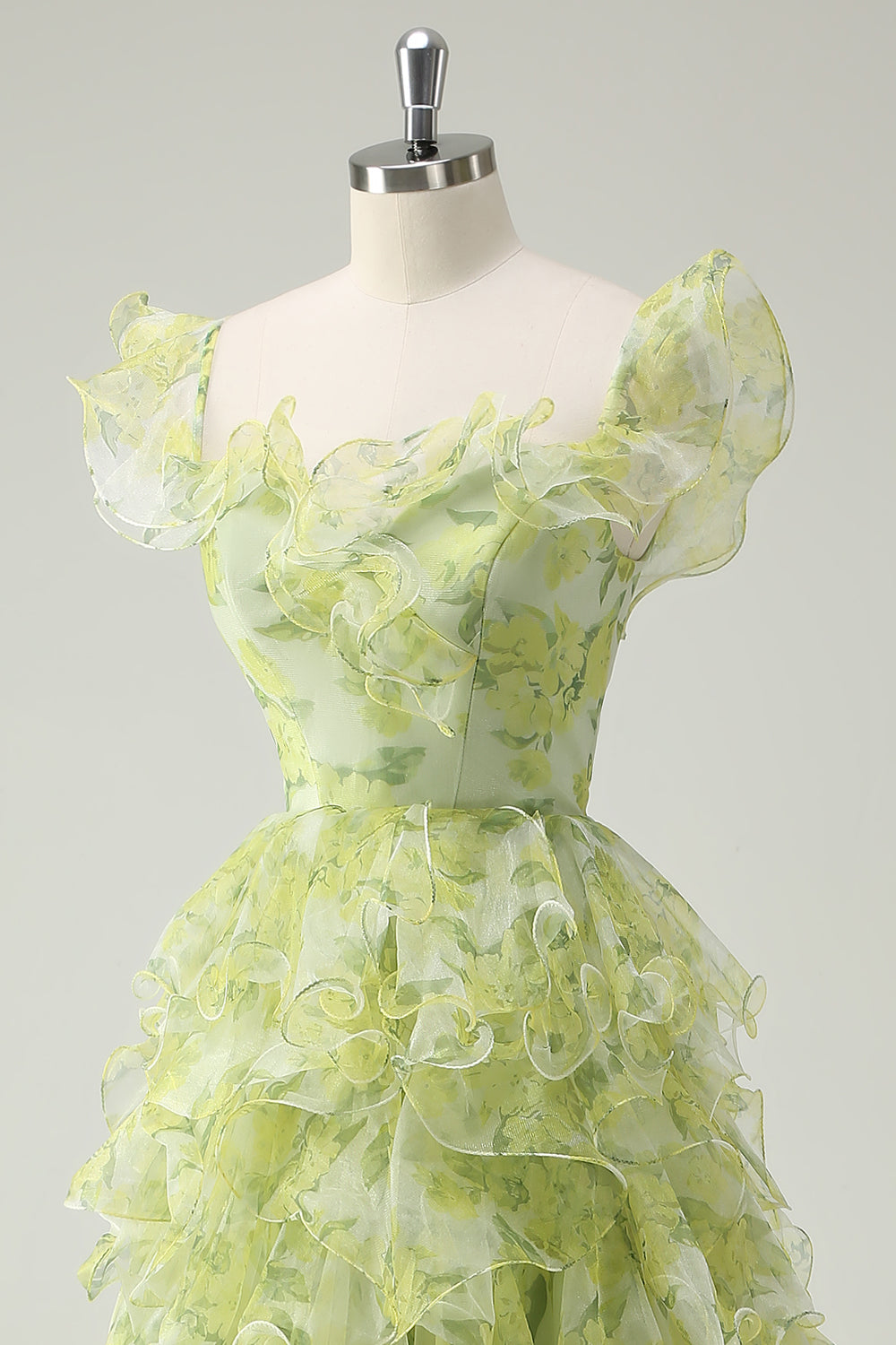 Dusty Sage Blumen Rüschen A-Linie Langes Ballkleid mit quadratischem Ausschnitt