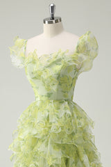 Dusty Sage Blumen Rüschen A-Linie Langes Ballkleid mit quadratischem Ausschnitt