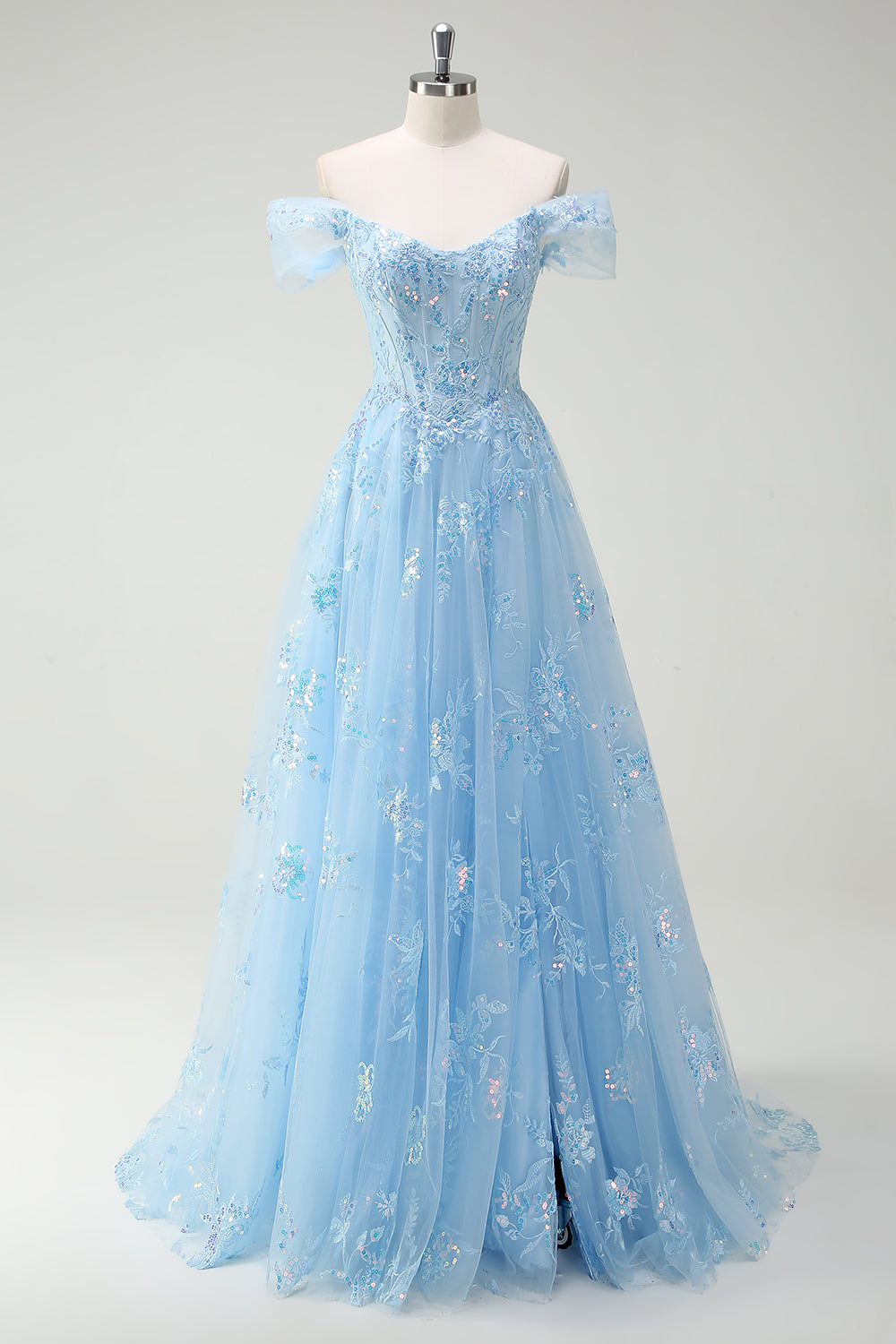 ZAPAKA Damen Glitzerndes Schulterfreies Himmelblaues Ballkleid mit Spitze A-Linie Korsett Abendkleid mit Schlitz
