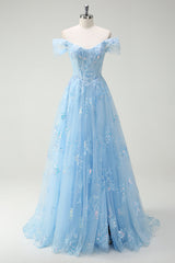 ZAPAKA Damen Glitzerndes Schulterfreies Himmelblaues Ballkleid mit Spitze A-Linie Korsett Abendkleid mit Schlitz