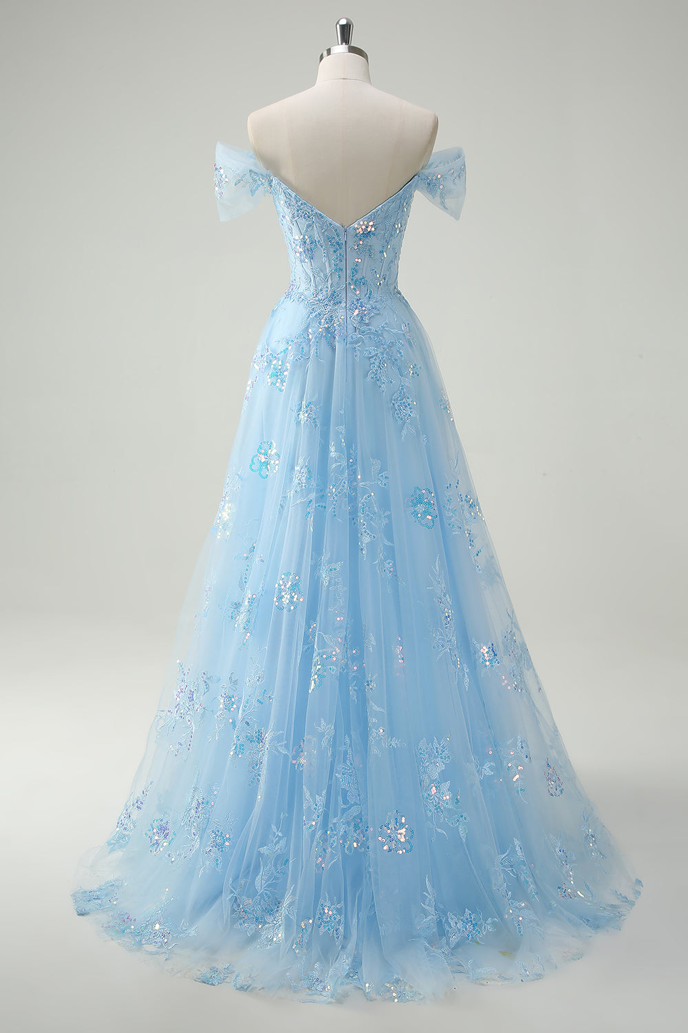 Glitzerndes Himmelblaues Schulterfreies A-Linie Ballkleid mit Schlitz
