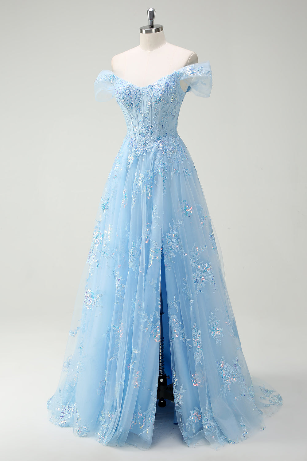 Glitzerndes Himmelblaues Schulterfreies A-Linie Ballkleid mit Schlitz