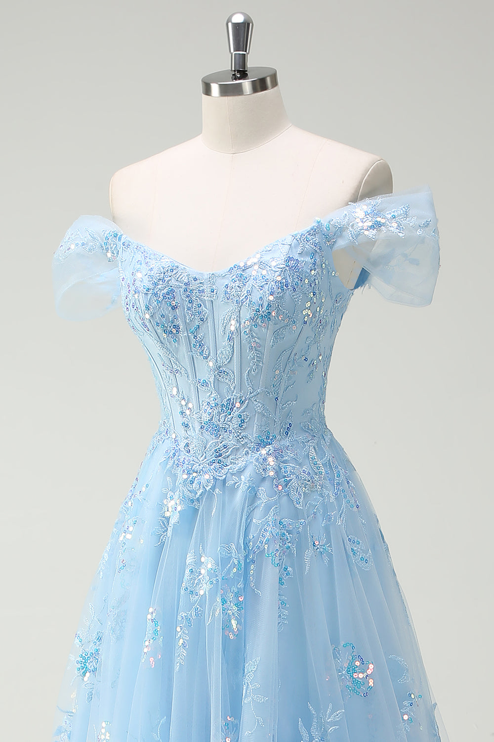 Glitzerndes Himmelblaues Schulterfreies A-Linie Ballkleid mit Schlitz