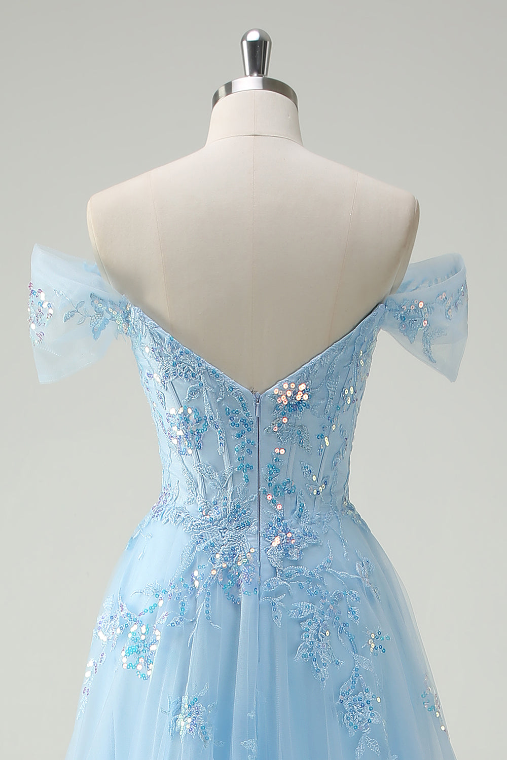 Glitzerndes Himmelblaues Schulterfreies A-Linie Ballkleid mit Schlitz