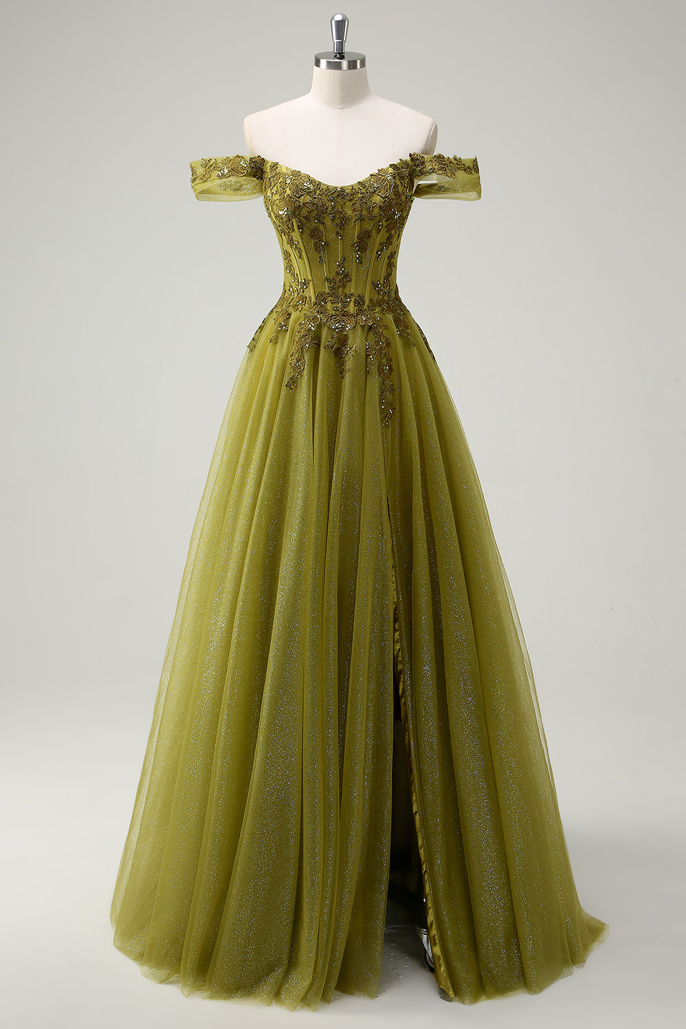 ZAPAKA Damen Armeegrünes Langes Schulterfreies Ballkleid mit Schlitz Korsett A-Linie Abendkleid mit Spitze