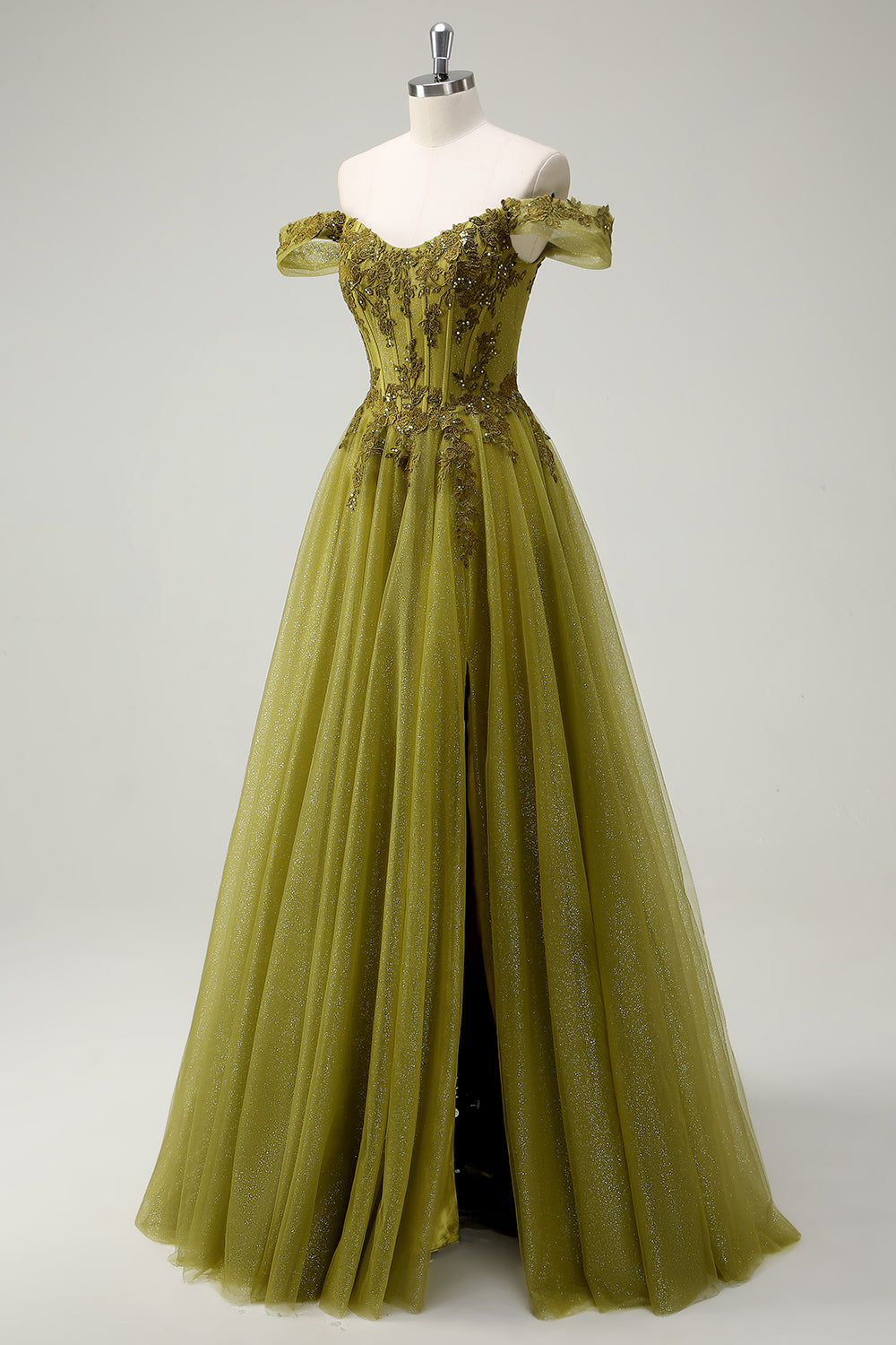 A-Linie Armeegrünes Schulterfreies Langes Ballkleid mit Schlitz