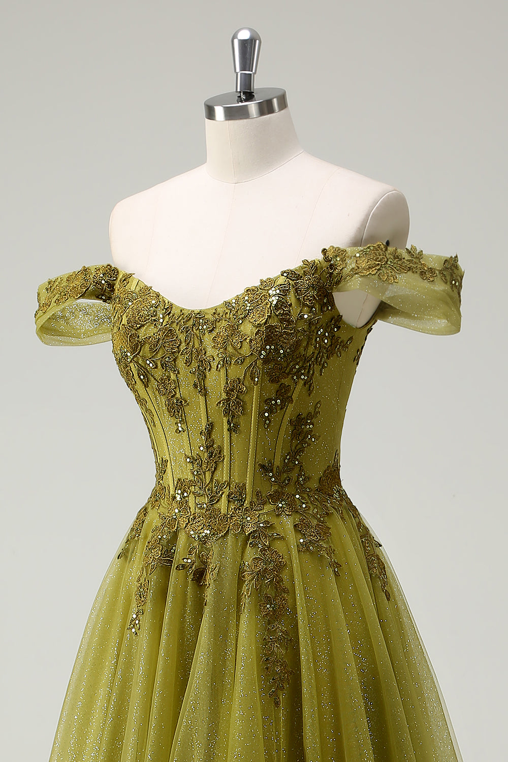 A-Linie Armeegrünes Schulterfreies Langes Ballkleid mit Schlitz