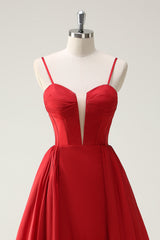 Rotes Spaghettiträger Langes Ballkleid mit Schlitz und Schnürung