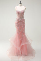 ZAPAKA Damen Glitzerndes Rosa Meerjungfrau Korsett Ballkleid Perlenbesetztes Spaghettiträger Abendkleid