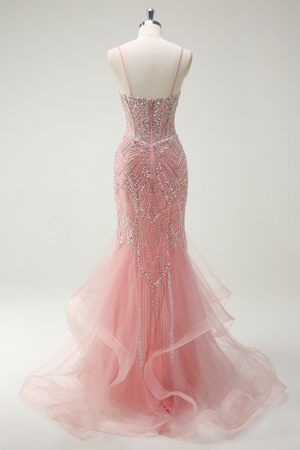 Funkelndes Rosa Meerjungfrau Spaghettiträger Korsett Langes Ballkleid