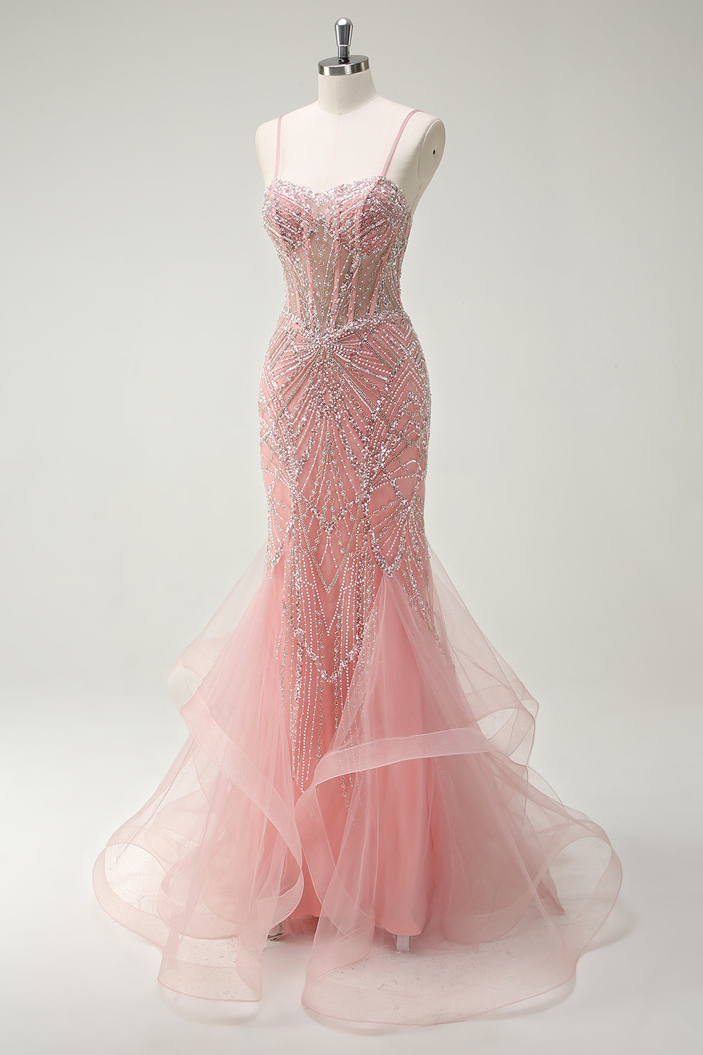 Funkelndes Rosa Meerjungfrau Spaghettiträger Korsett Langes Ballkleid