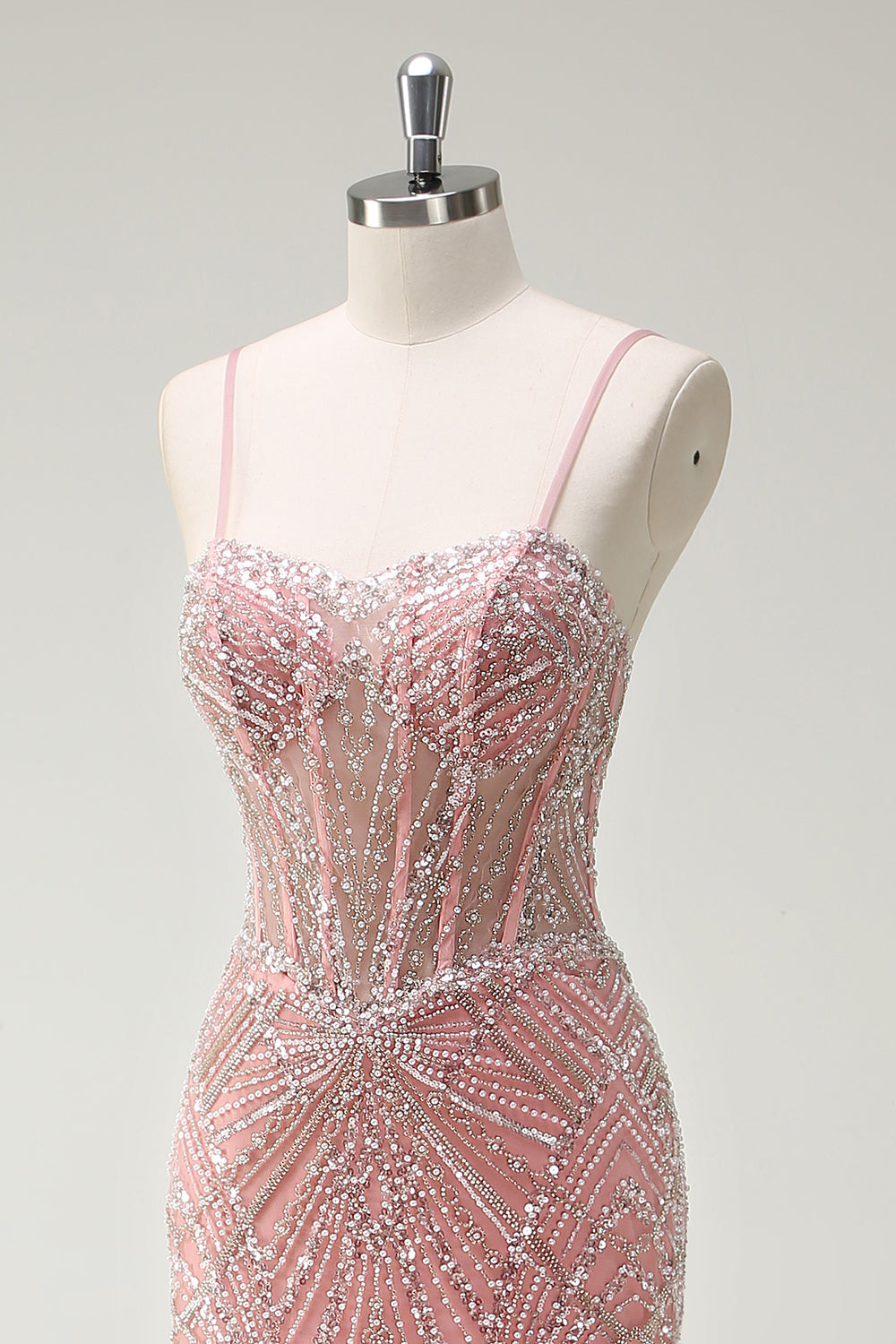 Funkelndes Rosa Meerjungfrau Spaghettiträger Korsett Langes Ballkleid