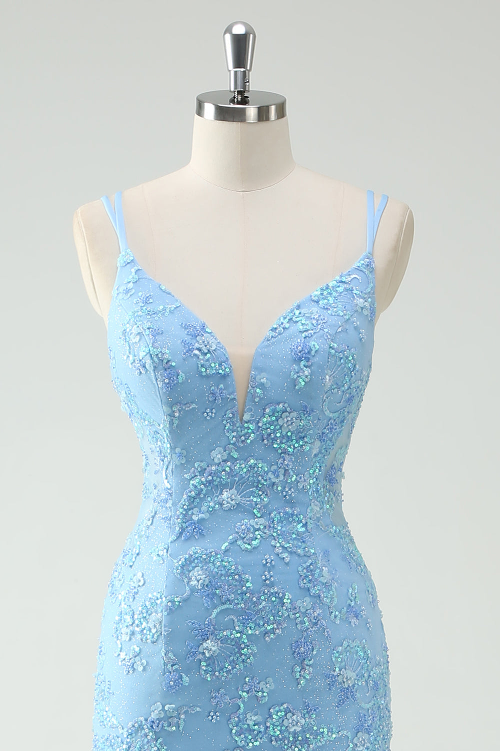 Himmelblaues Meerjungfrau Spaghettiträger Appliziertes langes Ballkleid mit Schlitz