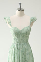 A Linie Grüne Blume Rüschen Träger Langes Korsett Ballkleid mit Schlitz