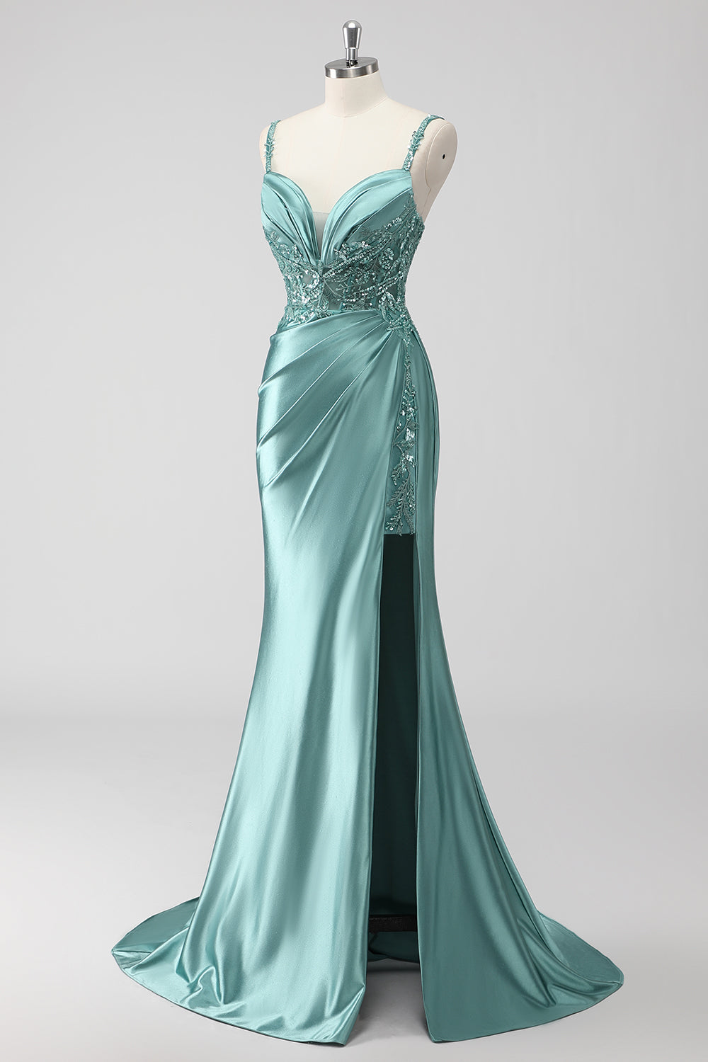 Grünes Pailletten Meerjungfrauen Satin Langes Ballkleid mit Rüschen und Schlitz