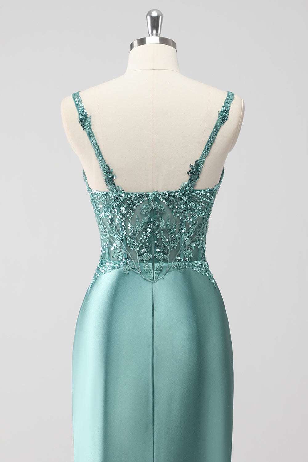 Grünes Pailletten Meerjungfrauen Satin Langes Ballkleid mit Rüschen und Schlitz