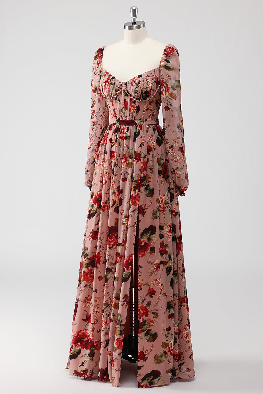 Dusty Rose Blumen Korsett A Linie Langärmeliges Hochzeitsgastkleid mit Schlitz