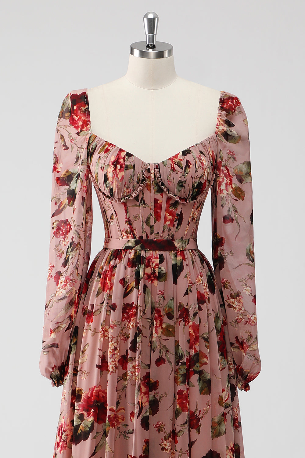 Dusty Rose Blumen Korsett A Linie Langärmeliges Hochzeitsgastkleid mit Schlitz