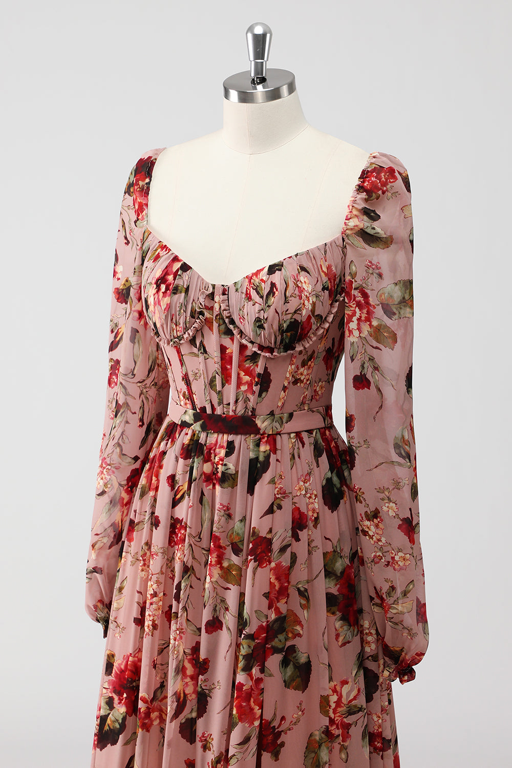Dusty Rose Blumen Korsett A Linie Langärmeliges Hochzeitsgastkleid mit Schlitz