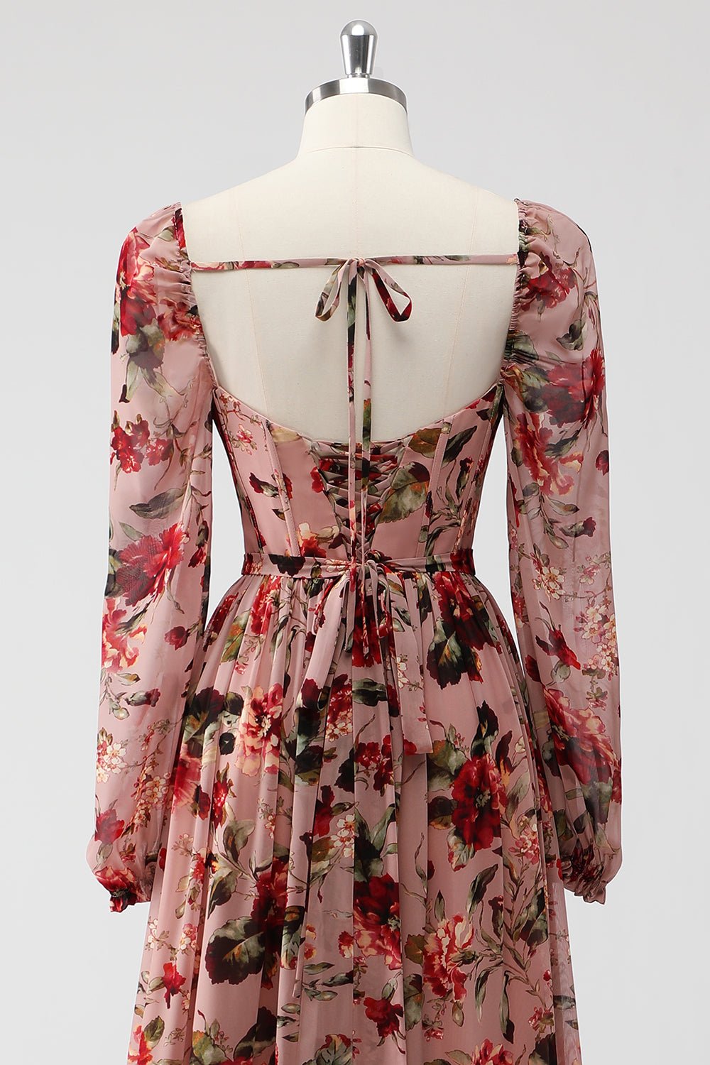 Dusty Rose Blumen Korsett A Linie Langärmeliges Hochzeitsgastkleid mit Schlitz