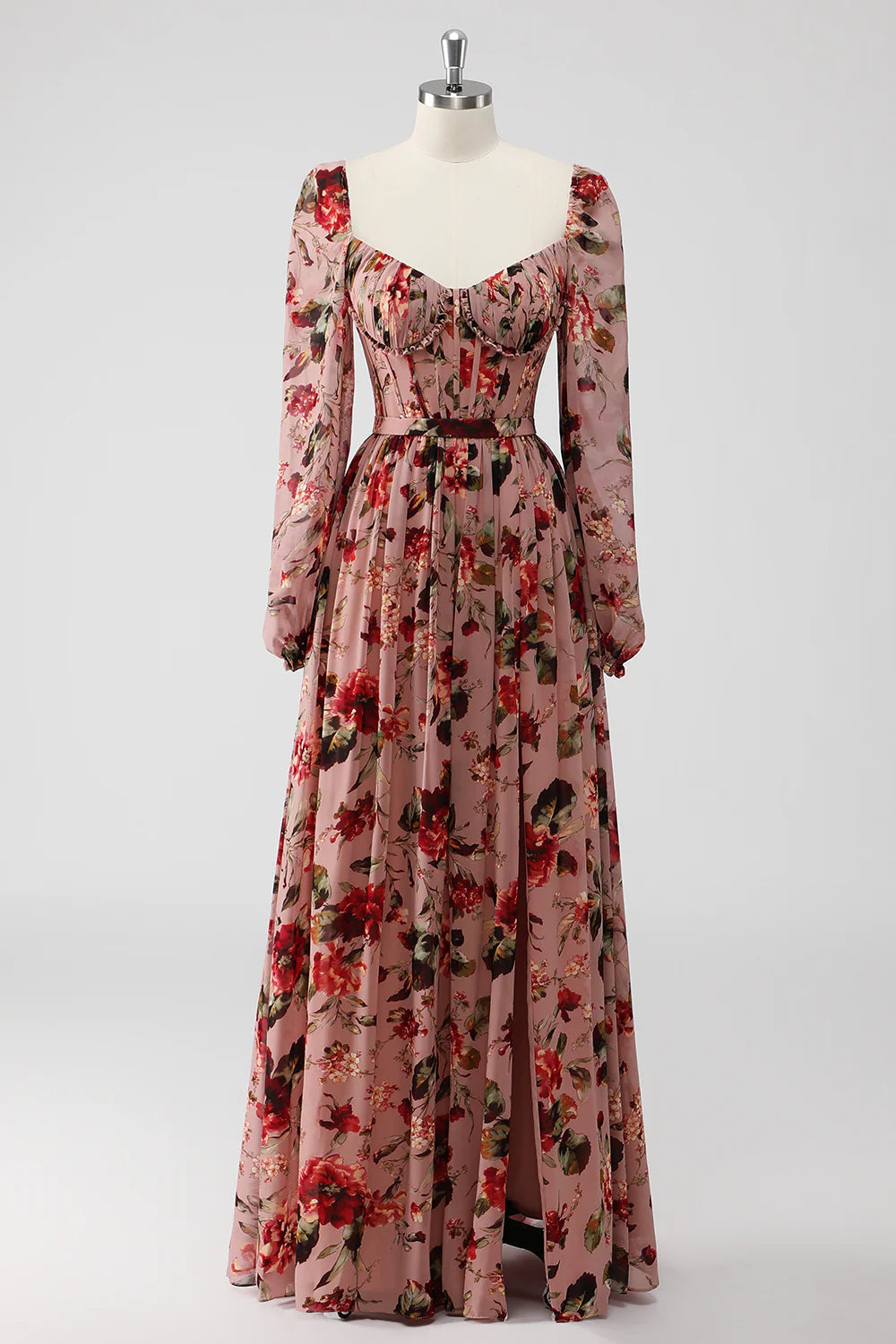 Dusty Rose Blumen Korsett A Linie Langärmeliges Hochzeitsgastkleid mit Schlitz