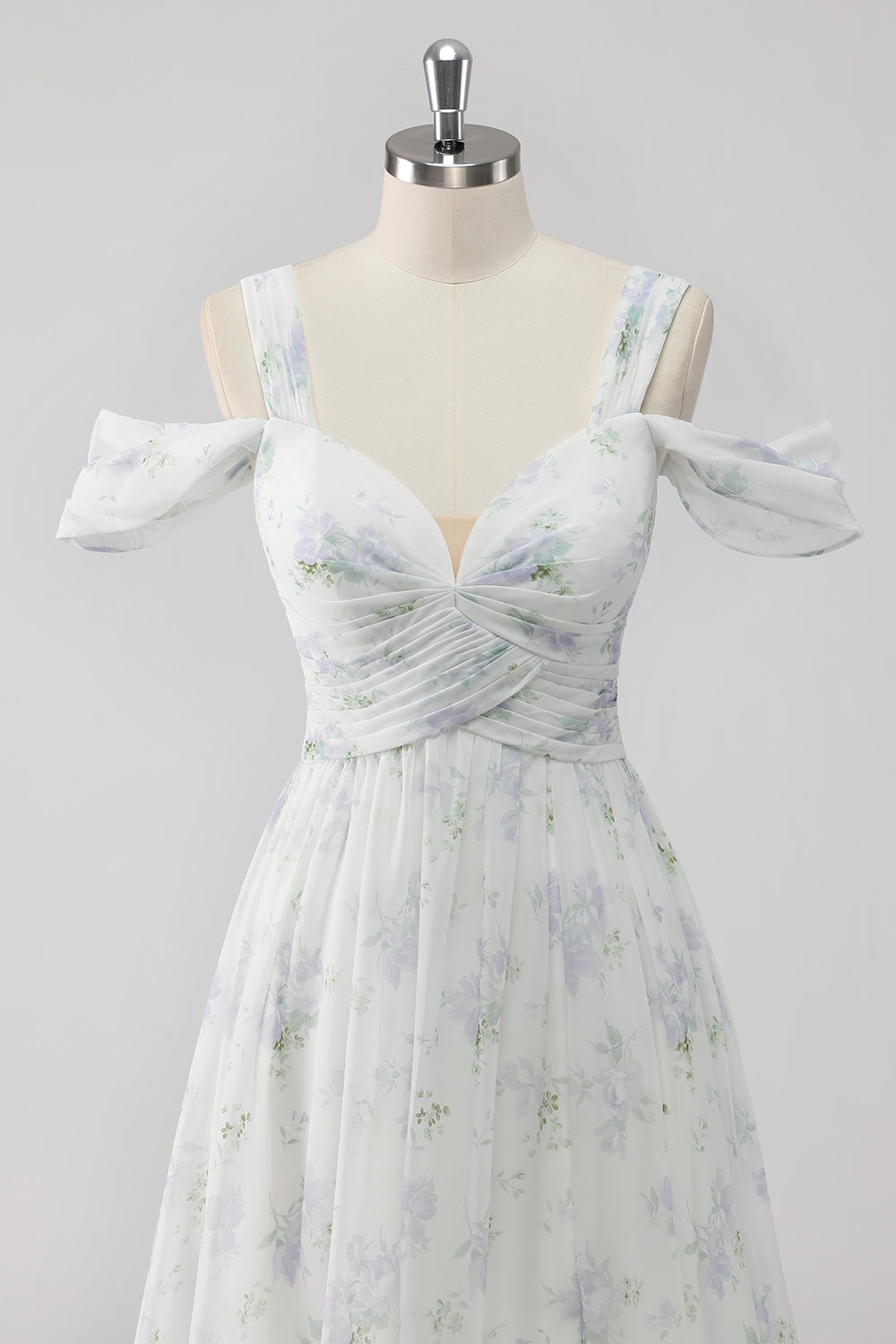 Weißes Geblümtes Kalte Schulter A Linie Hochzeitsgastkleid mit Schlitz