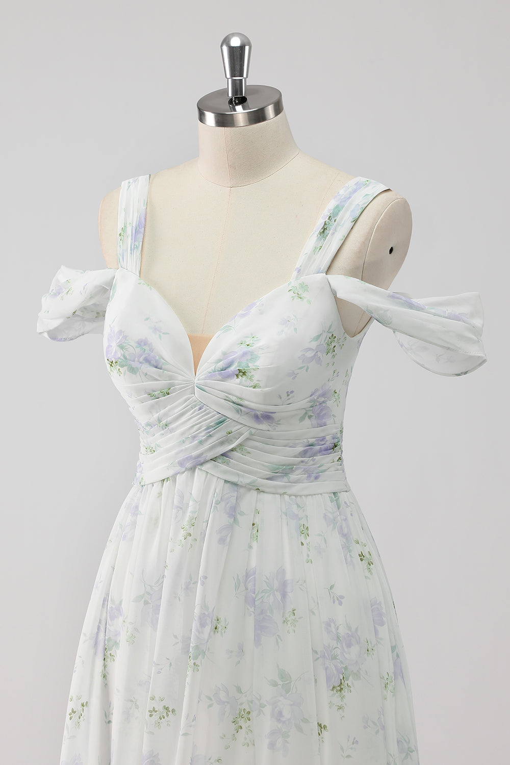 Weißes Geblümtes Kalte Schulter A Linie Hochzeitsgastkleid mit Schlitz
