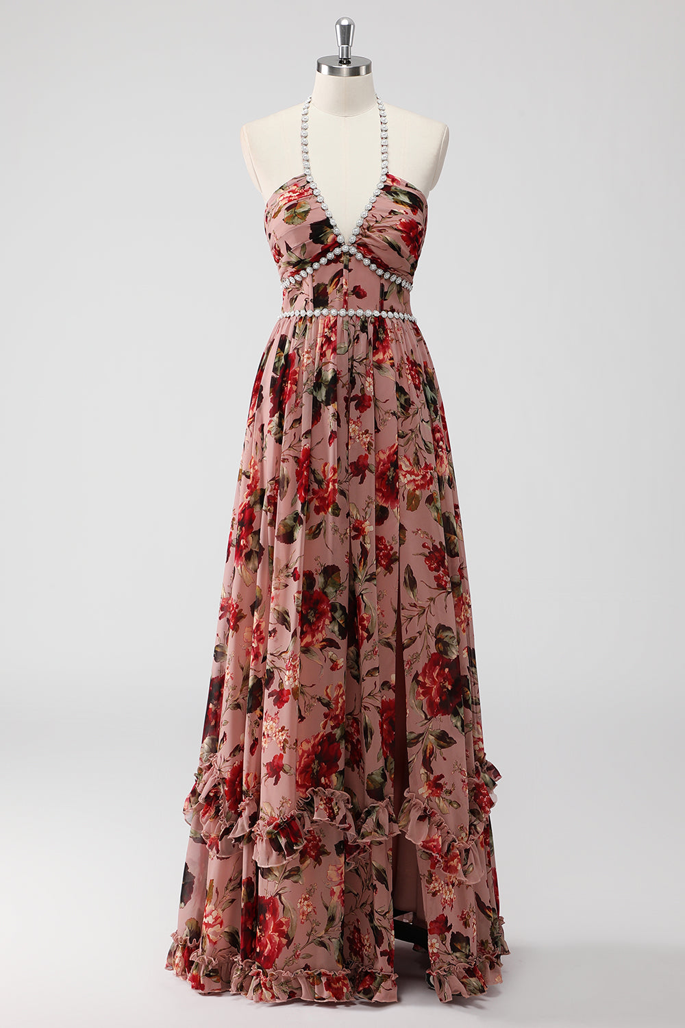 Dusty Rose Neckholder Blumen A Linie Hochzeitsgastkleid mit Schlitz