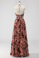 Dusty Rose Neckholder Blumen A Linie Hochzeitsgastkleid mit Schlitz