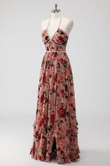 Dusty Rose Neckholder Blumen A Linie Hochzeitsgastkleid mit Schlitz