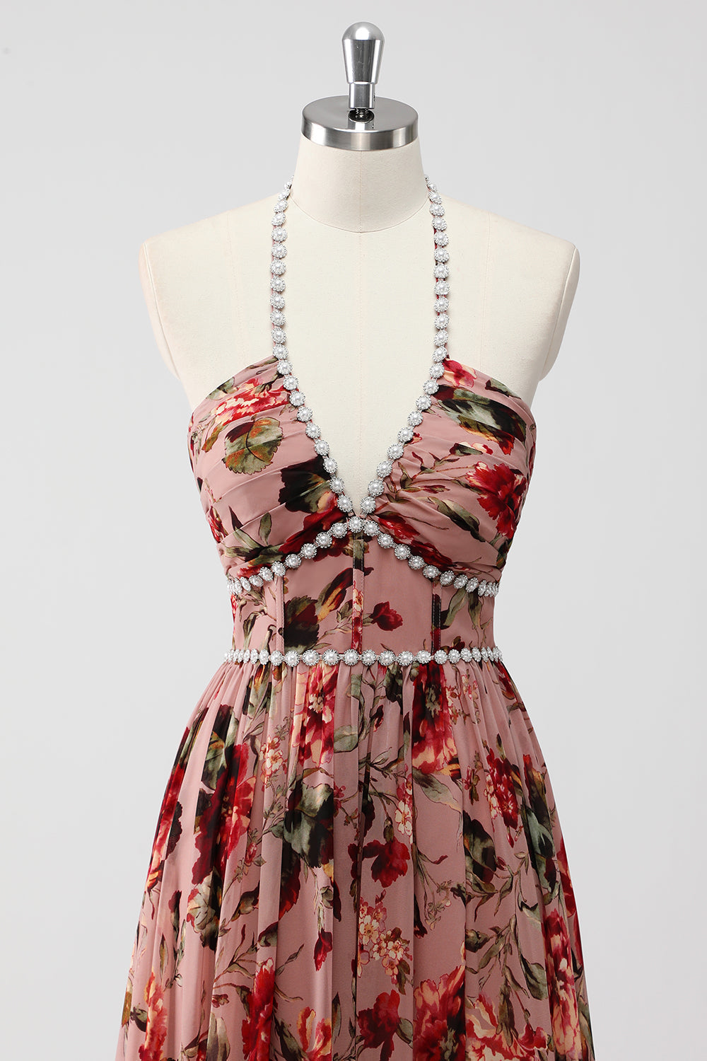 Dusty Rose Neckholder Blumen A Linie Hochzeitsgastkleid mit Schlitz