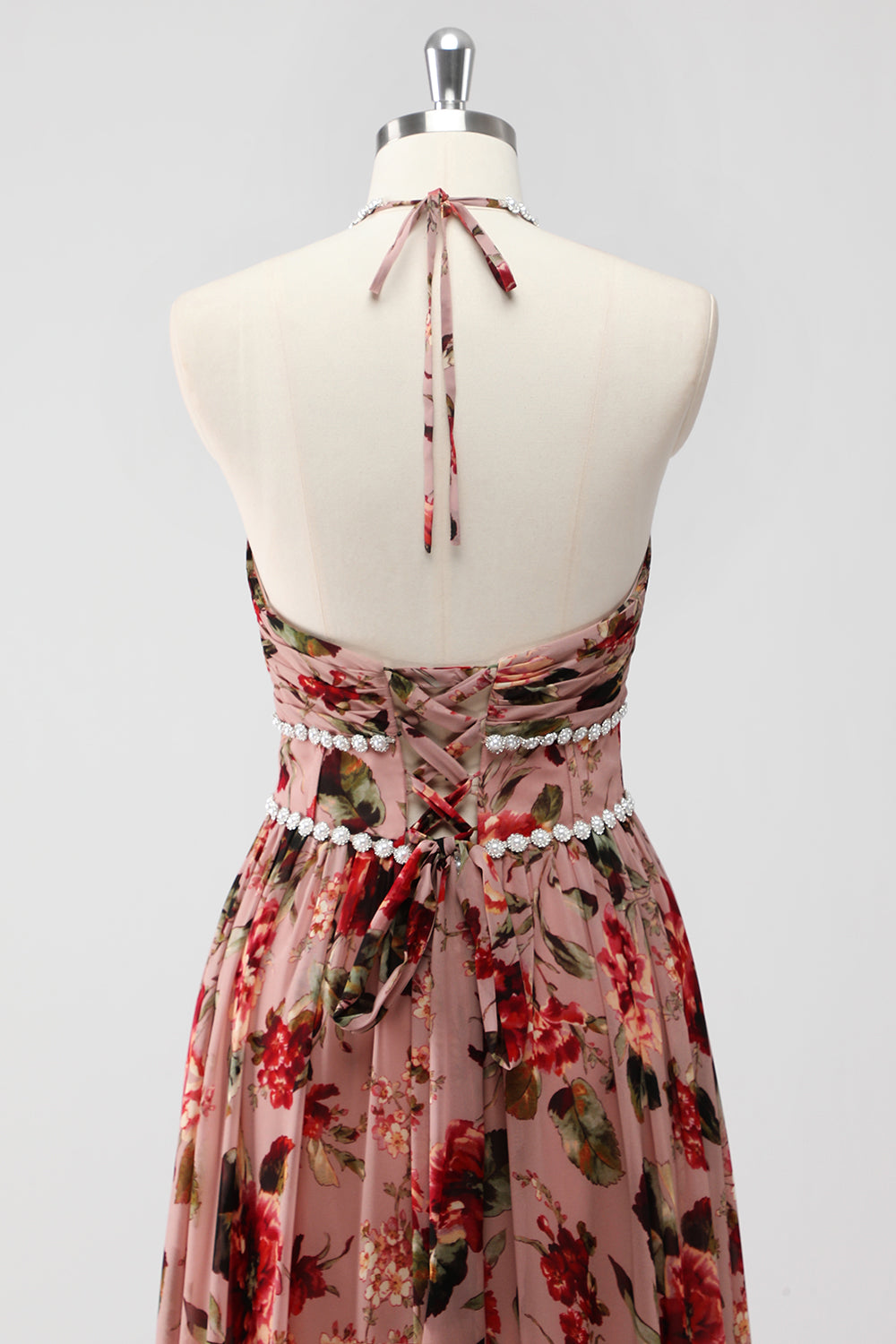 Dusty Rose Neckholder Blumen A Linie Hochzeitsgastkleid mit Schlitz