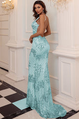 Blaues Pailletten langes Ballkleid