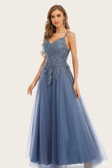 Dusty Blau Langes Ballkleid mit Spitze