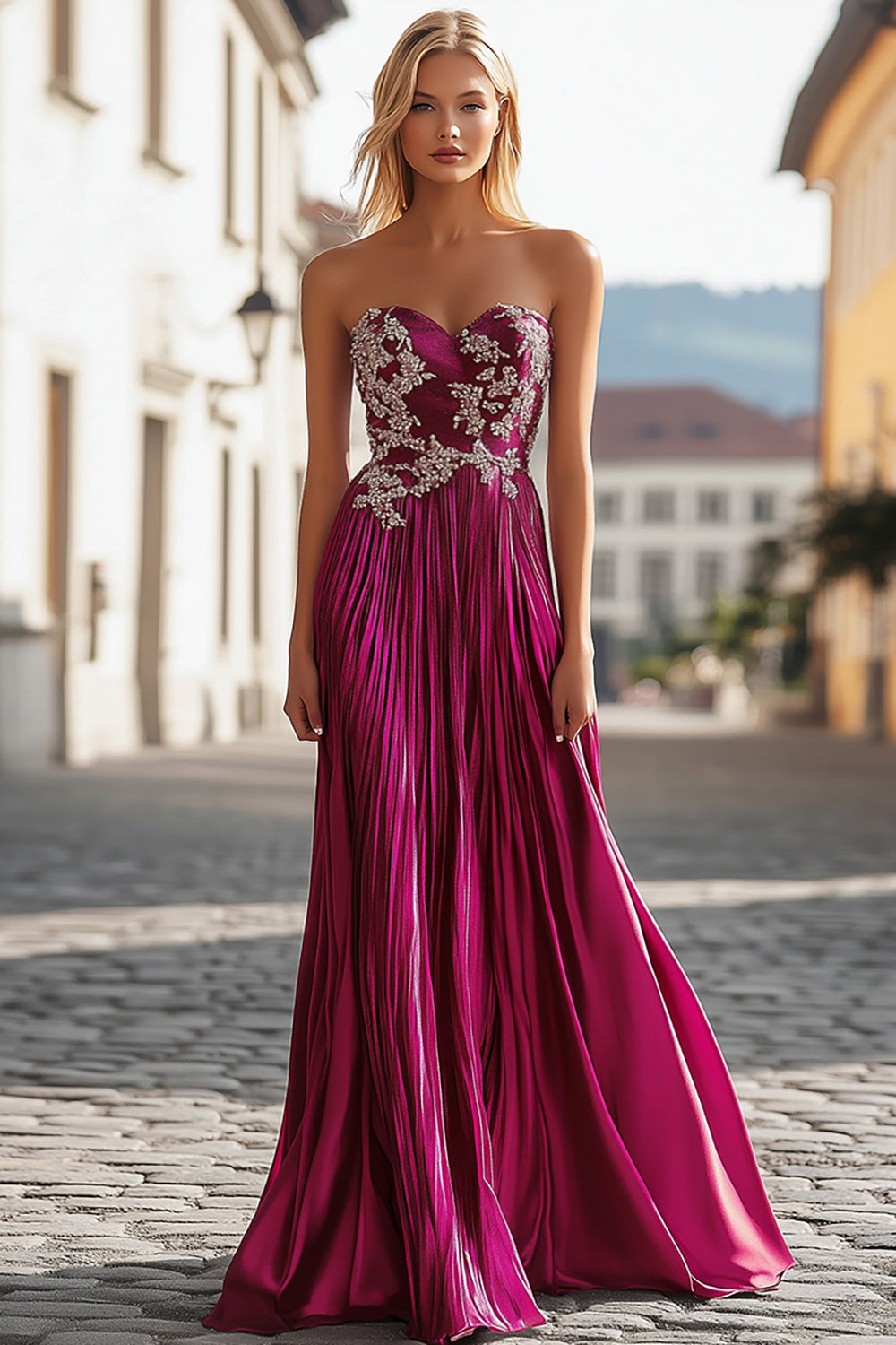 Schickes Fuchsia Trägerloses Herzausschnitt Langes Ballkleid mit Stickerei
