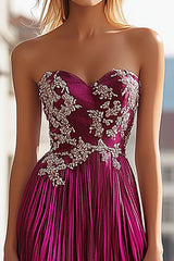 Schickes Fuchsia Trägerloses Herzausschnitt Langes Ballkleid mit Stickerei