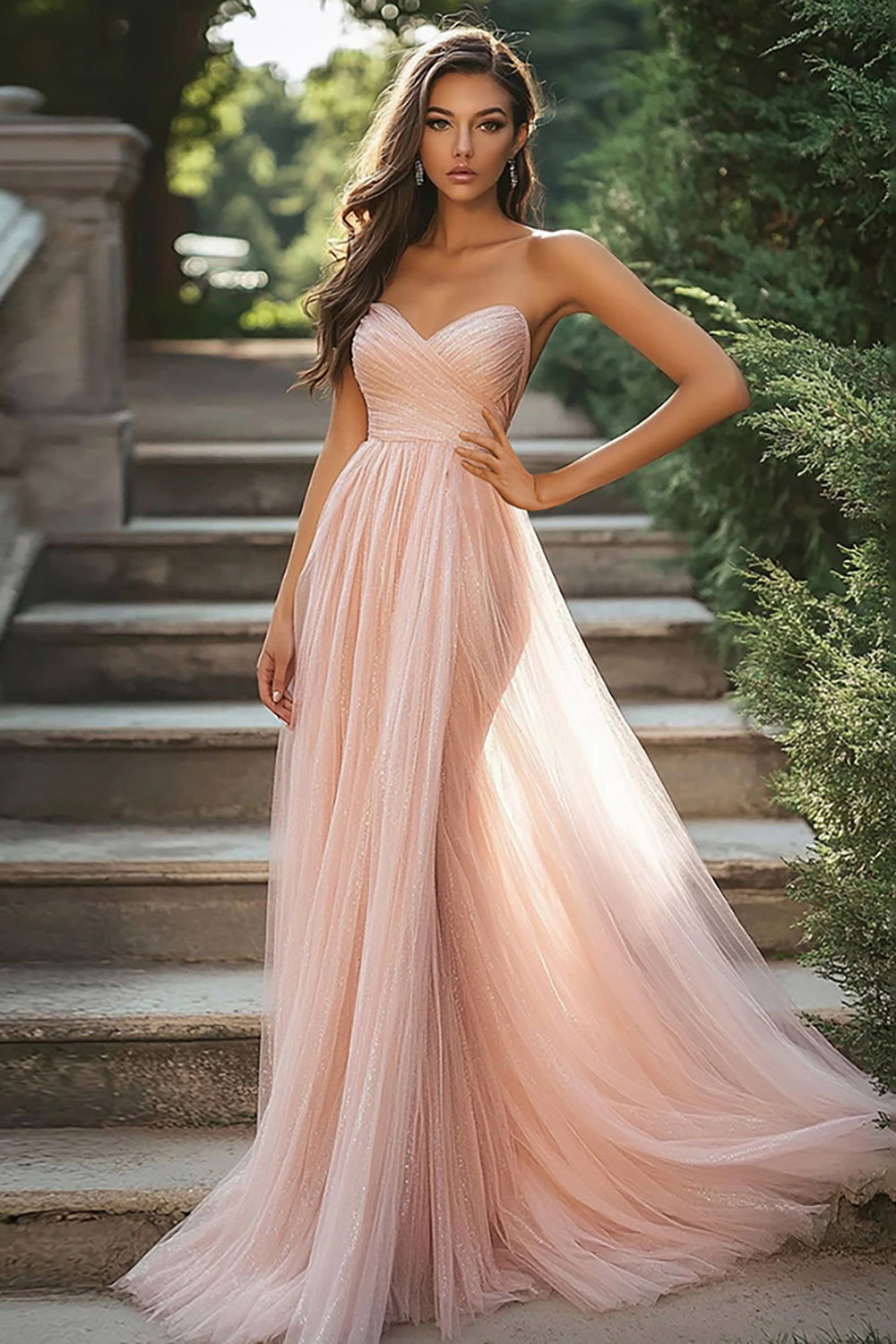 Zapaka Damen Blush Ballkleid Herzausschnitt A-Linie Rüschen Tüll Langes Abendkleid mit Schlitz