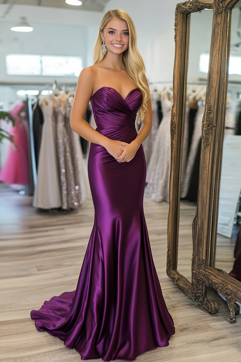 Schickes Pflaume Satin Herzausschnitt Etui Abendkleid mit Rüschen