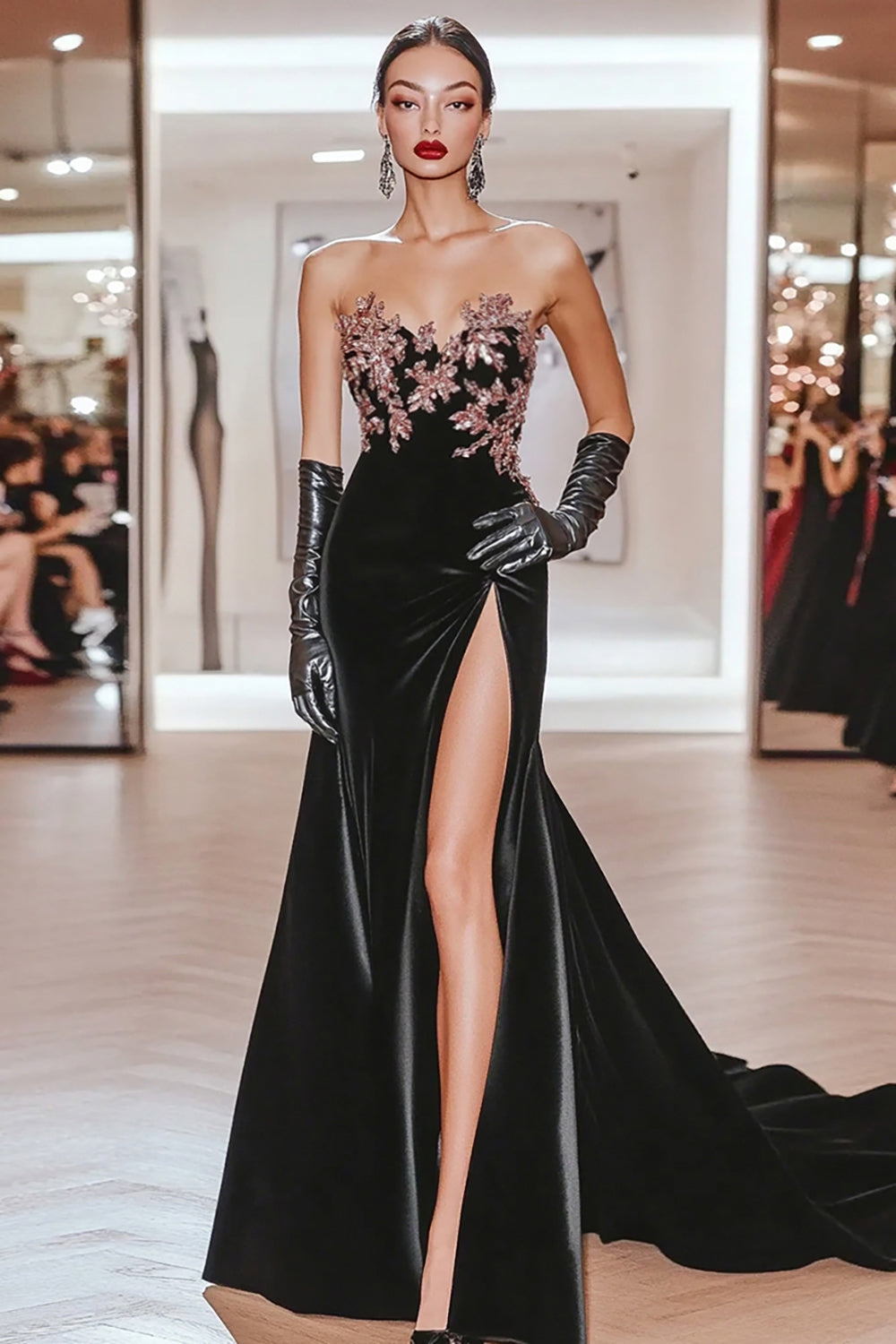 Schickes Schwarzes Herzausschnitt Meerjungfrau Applikation Satin Langes Ballkleid mit Schlitz