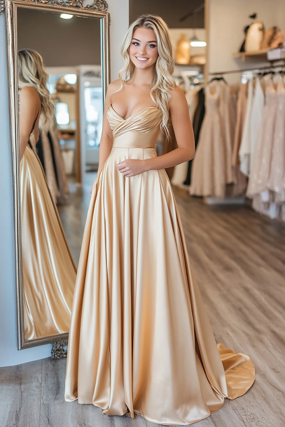 Schickes Goldenes Herzausschnitt A-Linie Gerafftes Langes Ballkleid aus Satin
