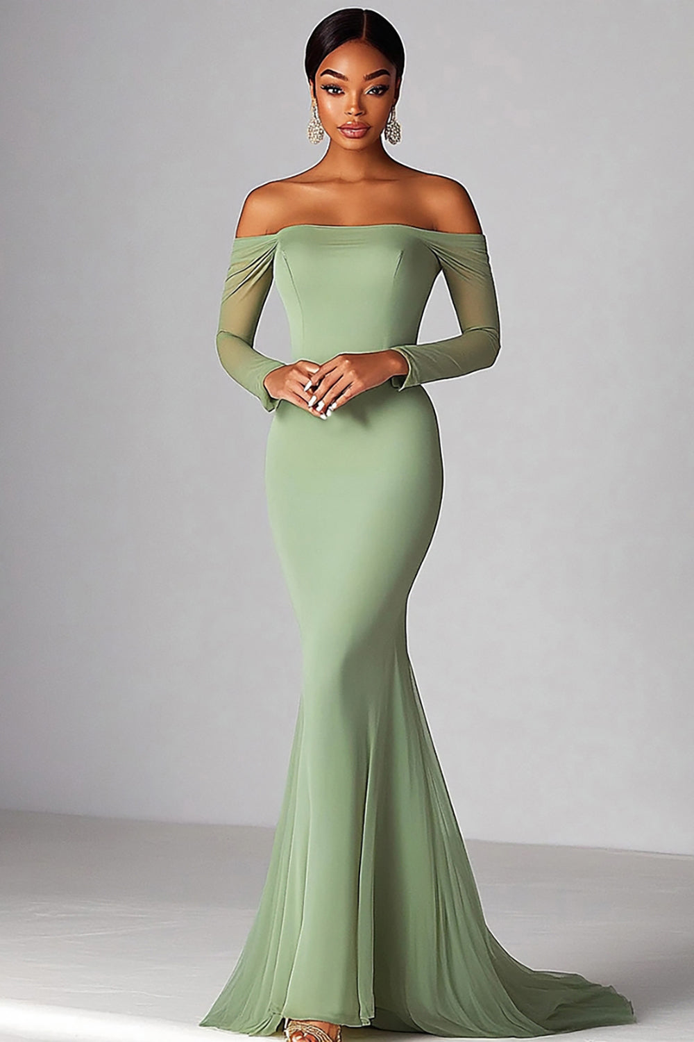 Sexy Schulterfreies Salbei Meerjungfrauen Langes Ballkleid mit Rüschen und langen Ärmeln