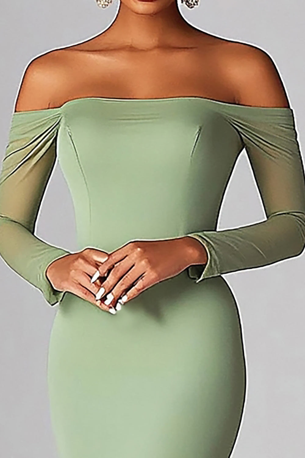 Sexy Schulterfreies Salbei Meerjungfrauen Langes Ballkleid mit Rüschen und langen Ärmeln