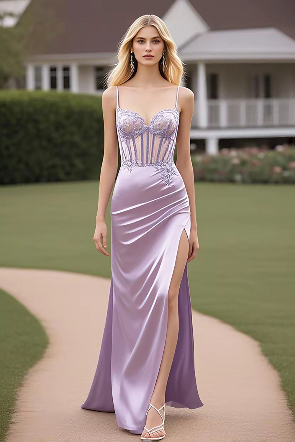 Lila Spaghettiträger Etui Langes Ballkleid mit Rüschen und Schlitz