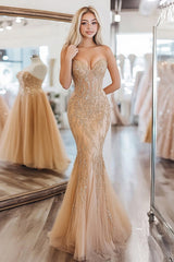 Meerjungfrau Gold Pailletten Ärmelloses Langes Ballkleid