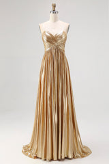 Schickes Goldenes A-Linie Satin Ballkleid mit Falten