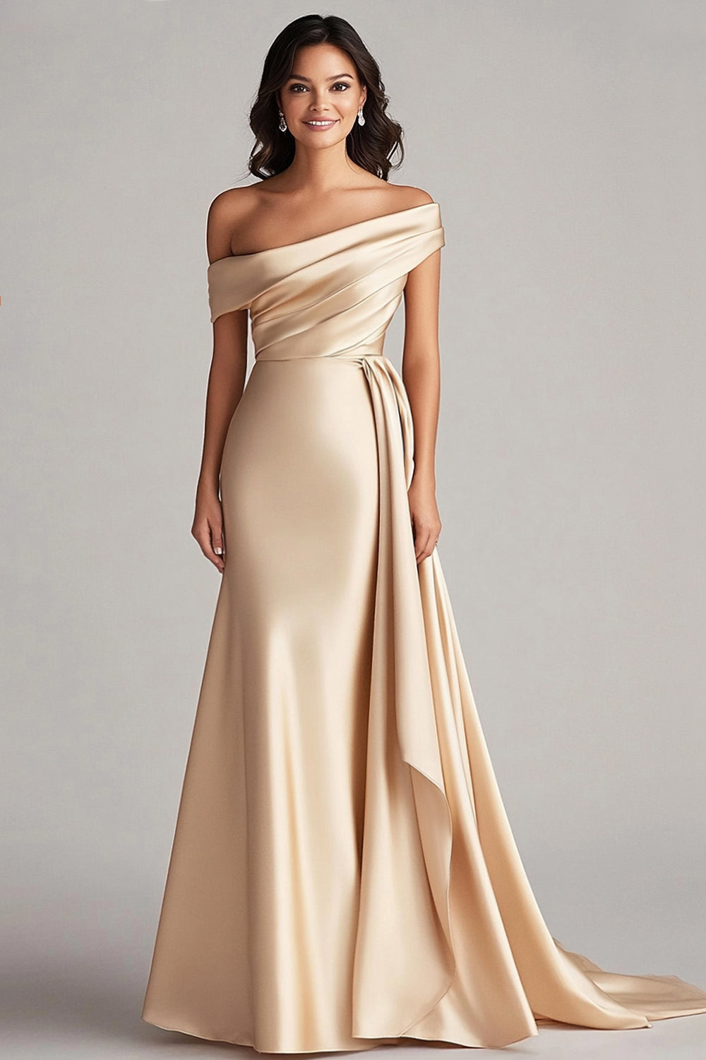 Zapaka Damen Meerjungfrau Abendkleid mit Einer Schulter Plissee Champagner Etui Langes Ballkleid